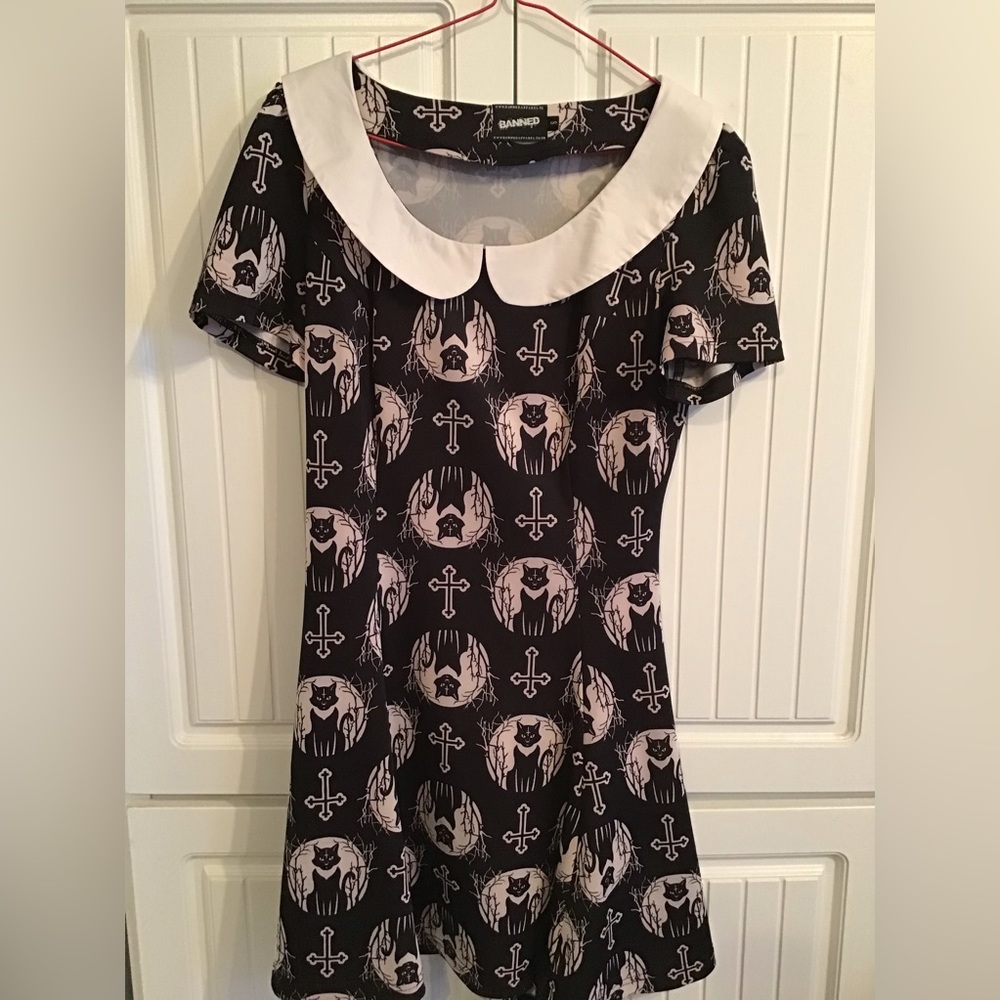 Banned Peter Pan collar black cat dress
